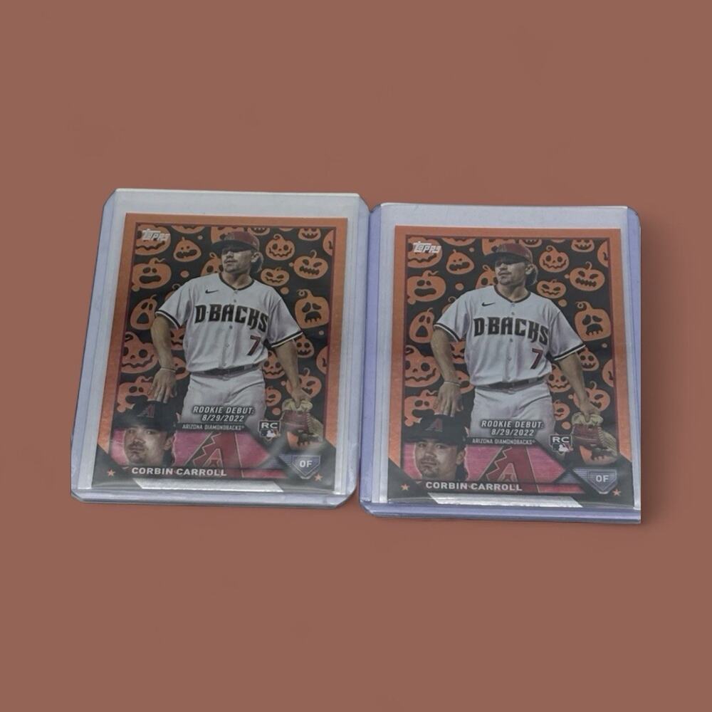 lot (2) 2023 TOPPS UPDATE CORBIN‎ CARROLL DEBUT RC US244 GHOST & PUMPKIN SSP ROY